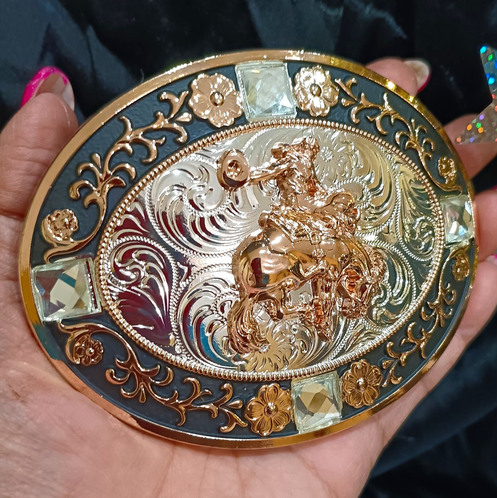 Bullrider Belt Buckle Oval Western Rodeo Cowboy Silver Gold Black Floral Crystal